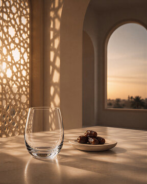 A minimalist iftar table with glass and dates, bathed in the warm golden light of a sunset with a mashrabiya shadow.