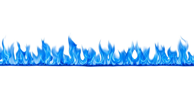 A horizontal strip of bright blue flames flickering upwards isolated on a white background, for use as, a decorative border, or fire effect isolated on a transparent background