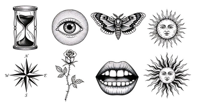 Collection of mystical and occult symbols featuring an hourglass, all-seeing eye, moth, sun faces, compass rose, rose flower, and open human mouth isolated on a transparent background