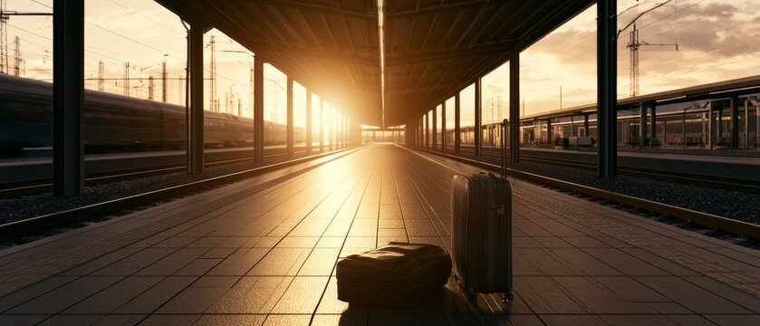 Train station at sunset with luggage on platform waiting for departure