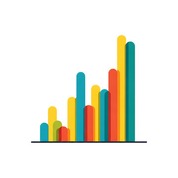 A colorful bar chart with rounded vertical columns in shades of blue, yellow, green, orange, and red, arranged on a flat horizontal base line isolated on a transparent background