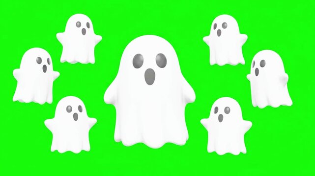 Halloween ghost characters with friendly faces. Cute cartoon spirits isolated on a green screen background