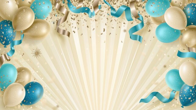Teal and gold balloon party backdrop with sunburst rays and curling ribbons, bright festive template for invitations and event branding.


