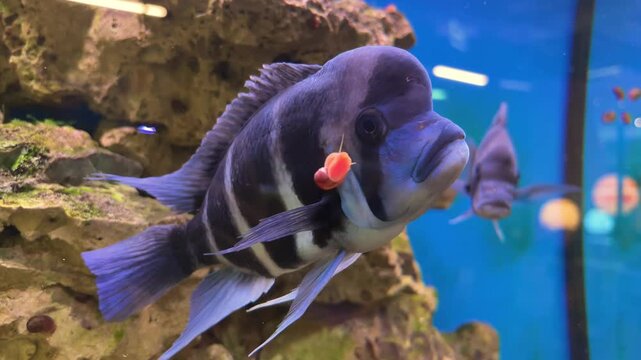Colorful tropical fish Frontosa cichlid swimming in an aquarium display, marine biodiversity, underwater habitat and ocean science education.