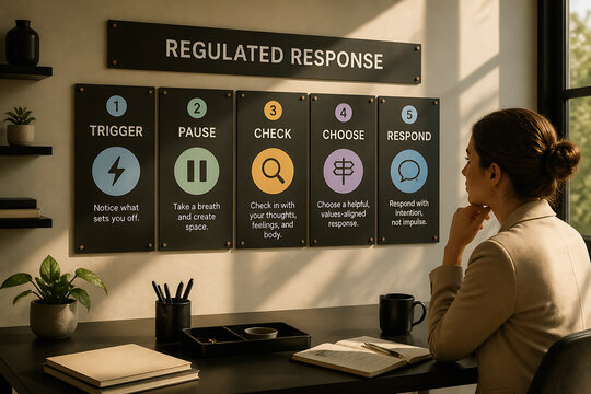 A woman sits at a desk reviewing a poster titled REGULATED RESPONSE, which outlines five steps.