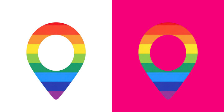 Colorful rainbow location map pin icons for navigation and travel showing pride colors as flat graphic design vector symbols