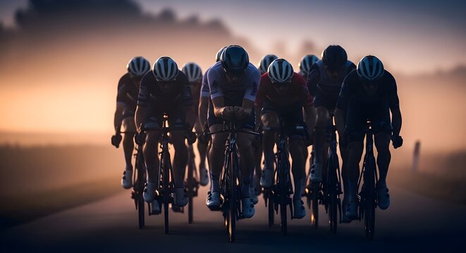 Group of professional cyclists riding together on a scenic road during a beautiful golden sunrise