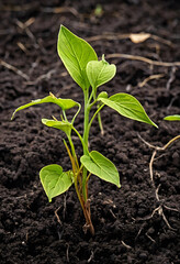 Obraz premium Young green plant seedling growing in dark fertile soil, agriculture and new life