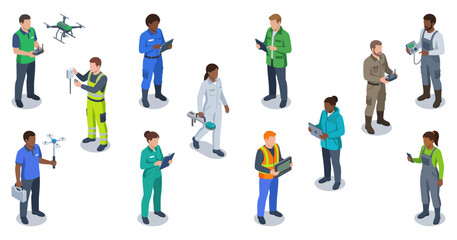Fototapeta premium Smart farming professionals operating agriculture drones and modern devices | Isometric flat illustration graphic set