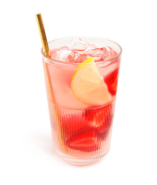 Refreshing strawberry lemonade in glass isolated on white