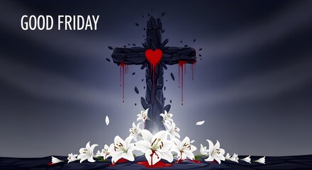 Naklejka premium A dark religious background featuring a cross with white lilies for good friday observance
