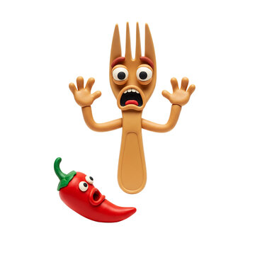 Cartoon fork character expressing fear with shocked chili pepper concept of plasticine  