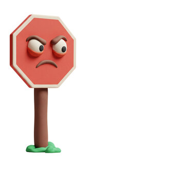 Cartoon angry stop sign character made of plasticine 