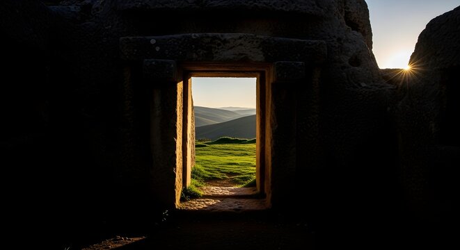 A view of a sunny green valley seen through a dark stone doorway entrance