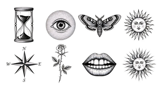 Collection of eight vintage style black and white hand-drawn including an hourglass, eye, moth, suns, compass, rose, and lips on white background isolated on a transparent background