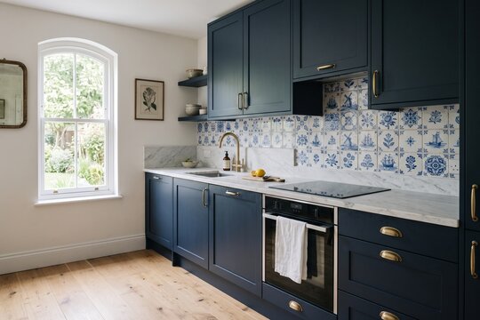 Elegant dark blue kitchen interior with patterned tiles and gold hardware