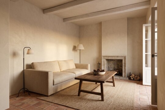 Cozy rustic living room interior with beige sofa and fireplace