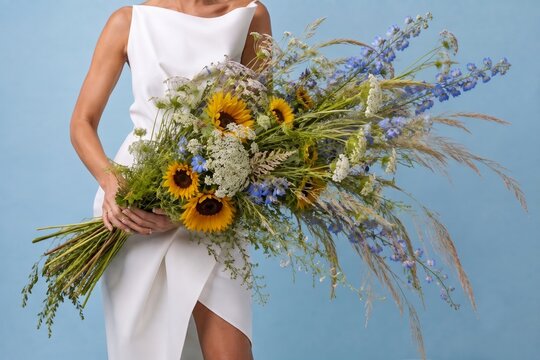 Bride holding large wedding bouquet with sunflowers and blue flowers