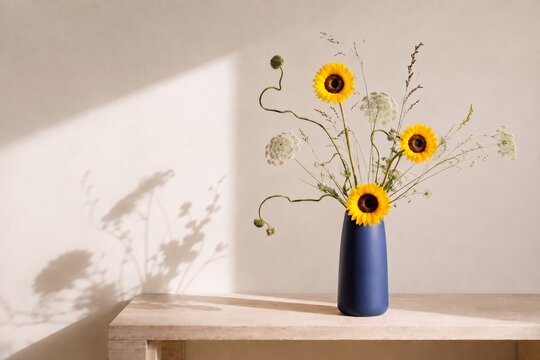 Minimalist sunflower arrangement in blue vase with shadow on wall