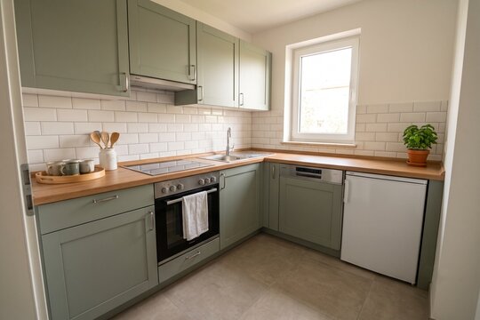 Cozy sage green kitchen interior with wooden countertops and white tiles