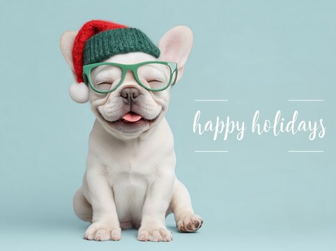 A puppy in a New Year's hat. A French bulldog sitting on a blue background in a red and green gnome cap wishes you a merry Christmas.