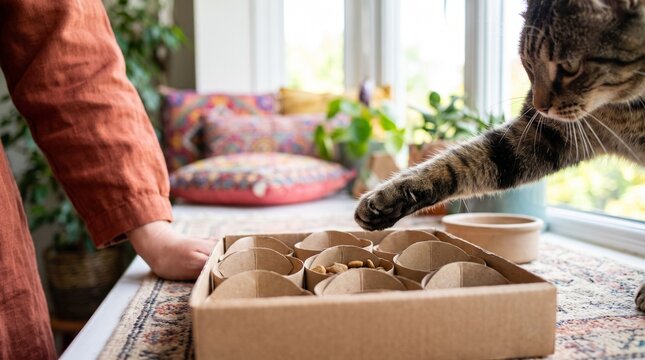 Cat explores a handmade food puzzle by a sunny window