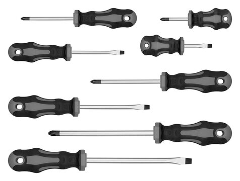 High quality chrome vanadium toolset template with Gray assorted phillips and slotted tips. Clean minimalist technical asset layout for engineering brand