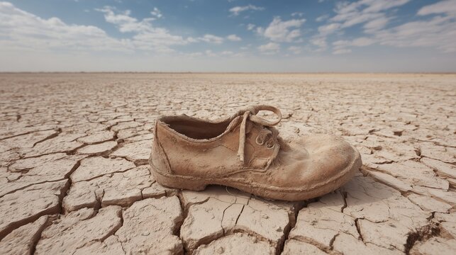 Single abandoned shoe in cracked desert soil. A lone worn shoe lies on dried cracked earth symbolizing drought and environmental crisis.