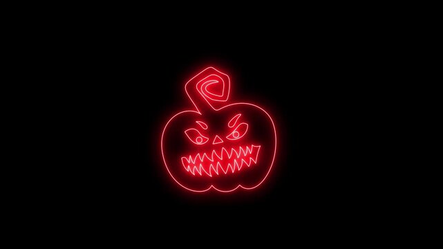 Glowing White Neon Halloween Pumpkin Outline Animation on Black Background 4K