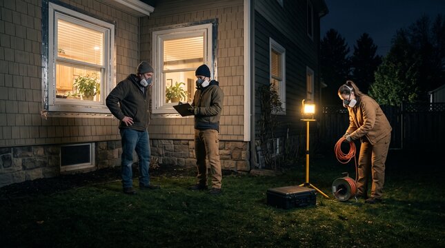 Weatherization crew completes nighttime home facade sealing