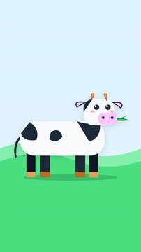 Cute cartoon cow chewing grass on green meadow, 9:16 vertical mobile vector animated cow loop