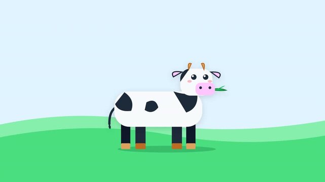 Cute cartoon cow chewing grass on green meadow, 16:9 widescreen vector animated cow loop