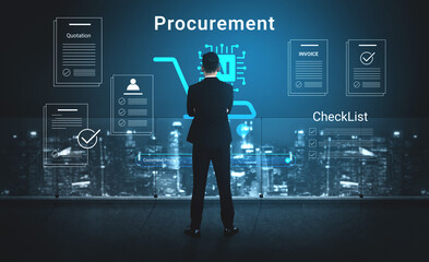 Obraz premium A business professional stands in front of a digital screen analyzing the procurement process using financial documents and analytics in a modern office setting, showcasing urban night views. Cyphers