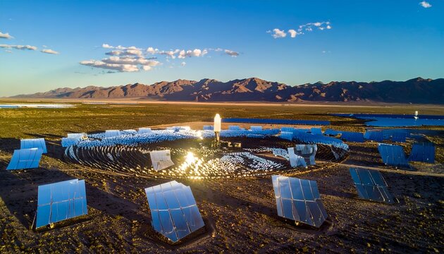 Solar Power Plant with Heliostats and Solar Panels in Desert Landscape