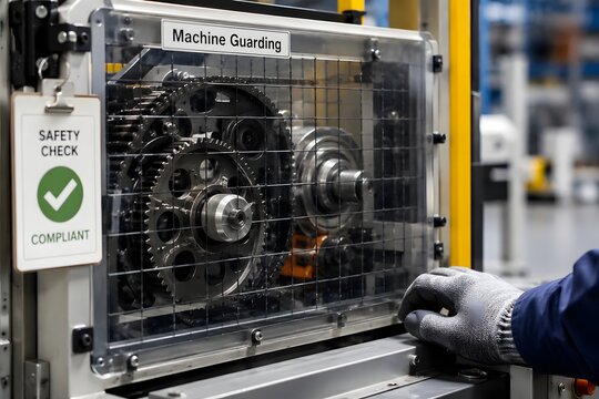 Machine guarding and safety check compliance in an industrial setting for the concept of manufacturing safety and quality control.