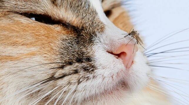 Sleeping cat with mosquito resting on pink nose close up macro