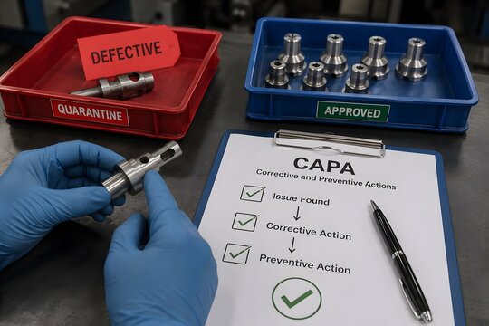 A Quality control inspector examining a defective metal part with a checklist for Corrective and Preventive Actions.