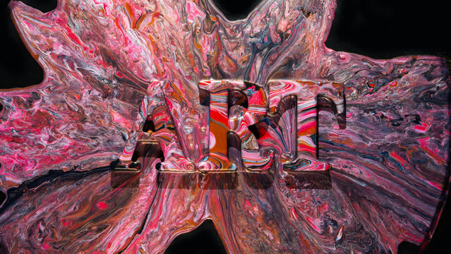 Marbled abstract paint splash with bold carved ART letters centered in vivid swirls