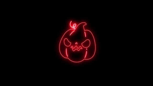 Glowing White Neon Halloween Pumpkin Outline Animation on Black Background 4K