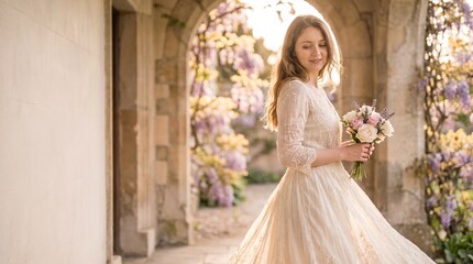 Obraz premium Restored vintage dress moves through a pastel garden before celebration