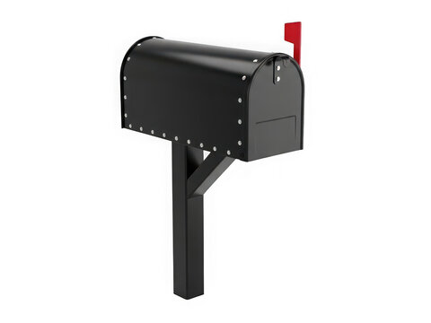 Black metal mailbox with a red flag isolated on a transparent background