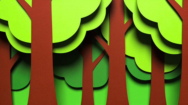 Abstract layered paper cut forest illustration with green trees and brown trunks in a 3D effect style papercut woodland