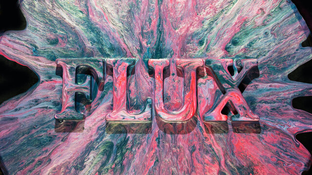 Fluid paint letters sinking into swirling marbled surface with pink and teal pigments
