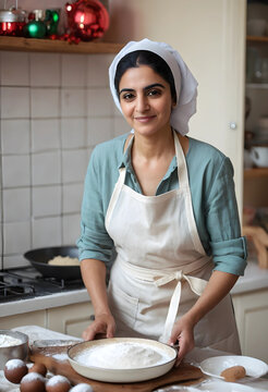 Smiling indian woman in a white apron and head covering holding a bowl of flour in a kitchen with Christmas decorations, Christmas decorations are visible on a shelf in the background