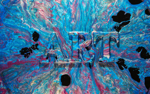 Colorful poured paint abstract with raised letters, glossy swirls, textured surface and vivid contrast