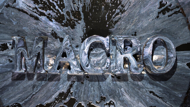 Reflective metallic macro letters with liquid chrome splash backdrop and dramatic studio highlights