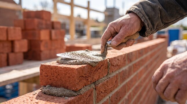 Bricklayer applying cement mortar with steel trowel tool while laying red clay bricks during outdoor wall building