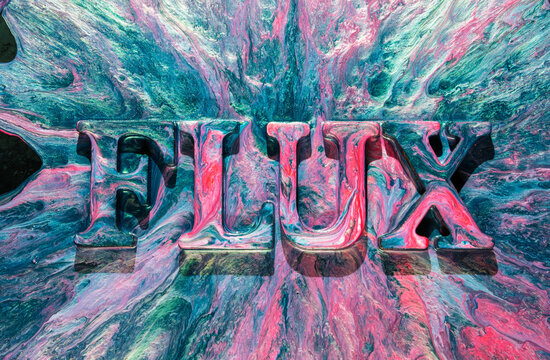 Fluid paint letters forming word FLUX amid swirling turquoise and pink marbled background