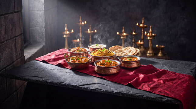 Traditional Indian food feast on slate table. Authentic Asian cuisine with glowing oil lamps.