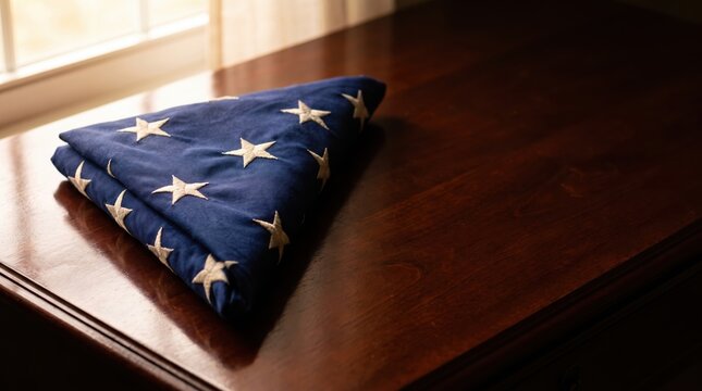 folded american flag resting on dark polished wooden table near window. patriotic memorial, veteran honor, military funeral. independence day. copyspace, banner, website header.